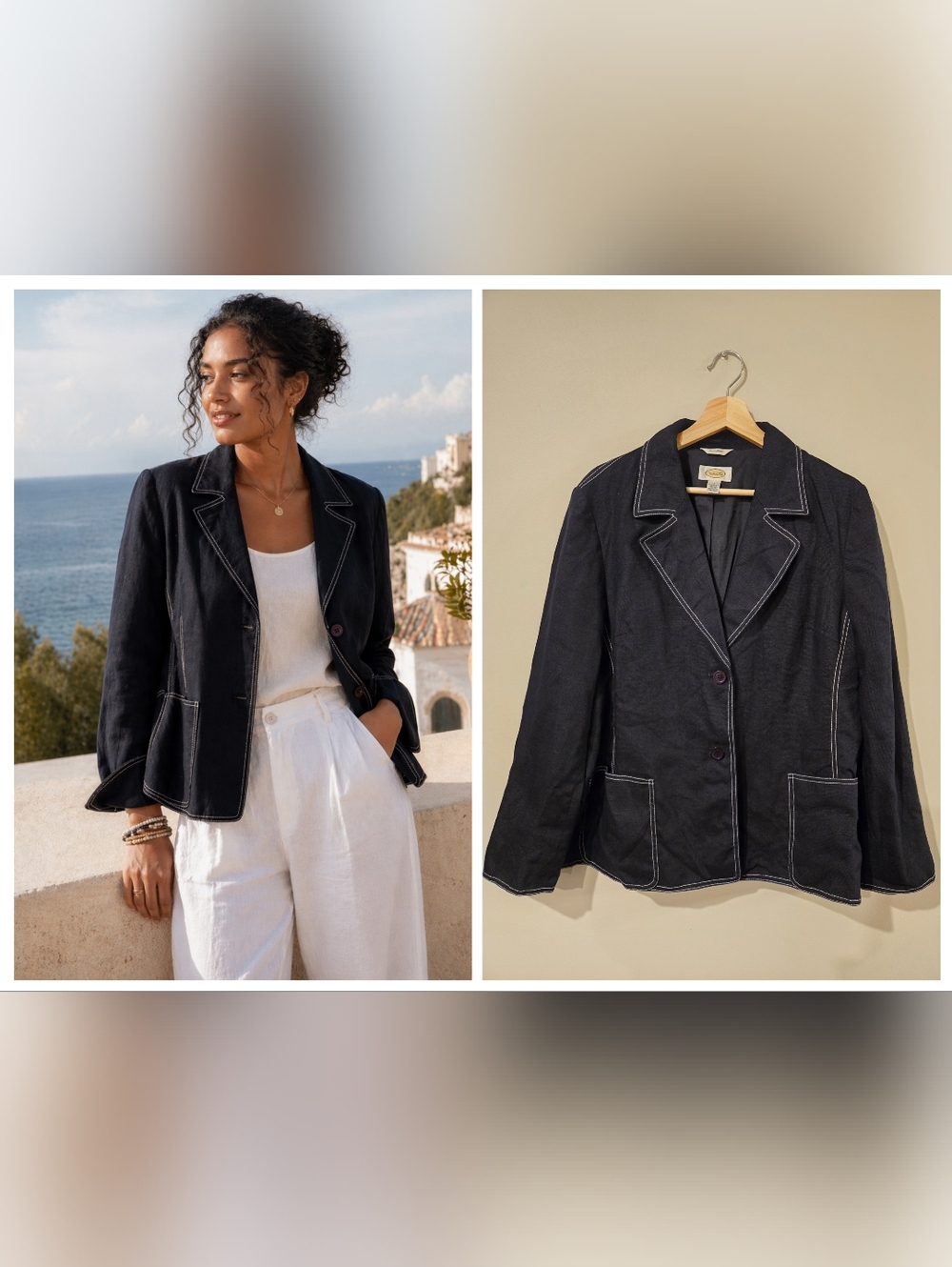 Irish Linen Talbots Blazer Black & White Contrast Stitching Resort Preppy Career